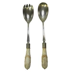 Antique Silver-Plated 11" Salad Serving Set Decorative Floral Porcelain Handles